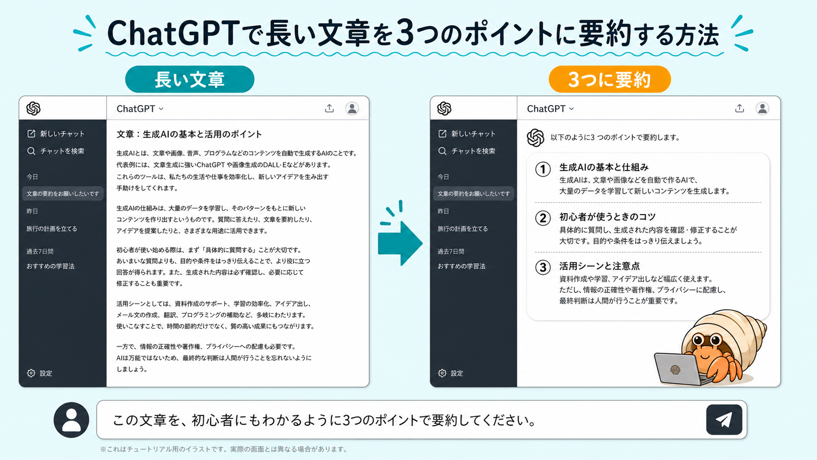 長い文章をChatGPTで3つのポイントに要約する流れ
